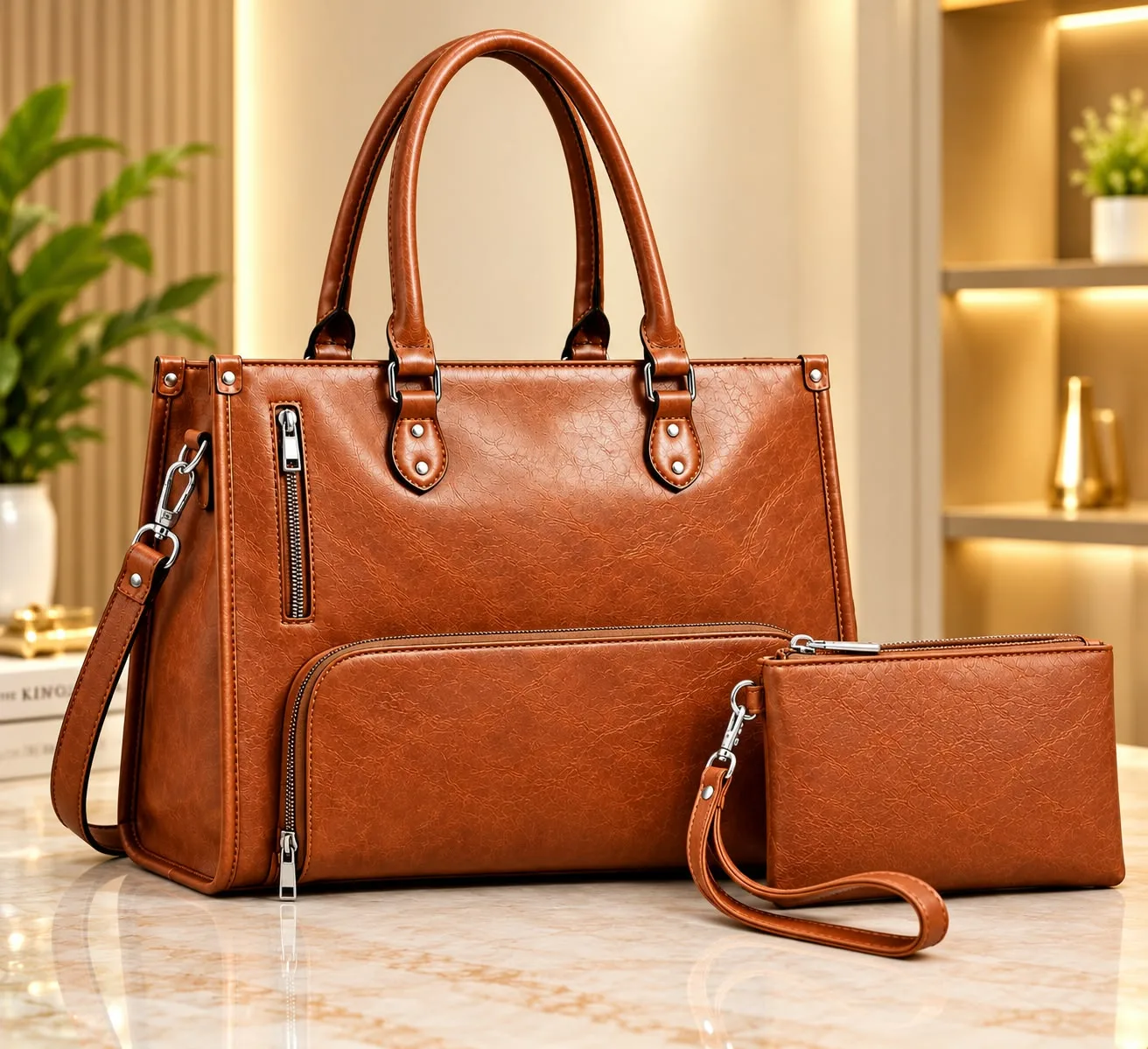 Luxury Soft PU Leather Handbag 2 Pcs Set with Purse (3 Colors)